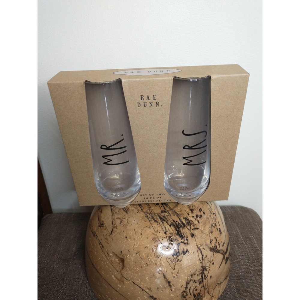 Rae Dunn Mr Mrs Stemless Flutes Toasting Glasses Wedding Gift Set New